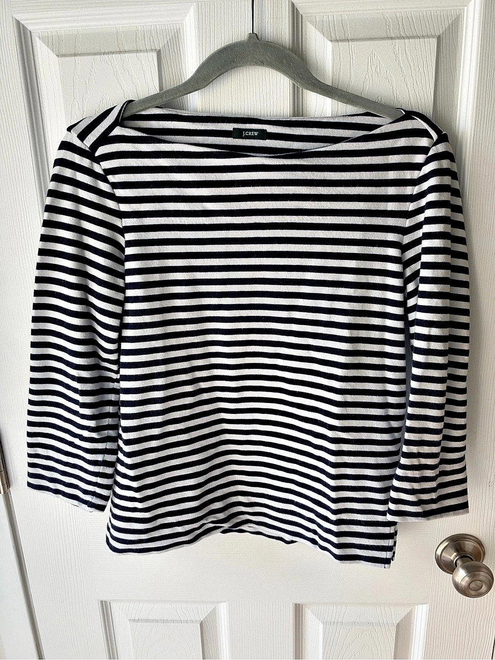 J.Crew Classic Preppy Coastal Striped Boatneck 3/4 Sleeve Tee Blue & White